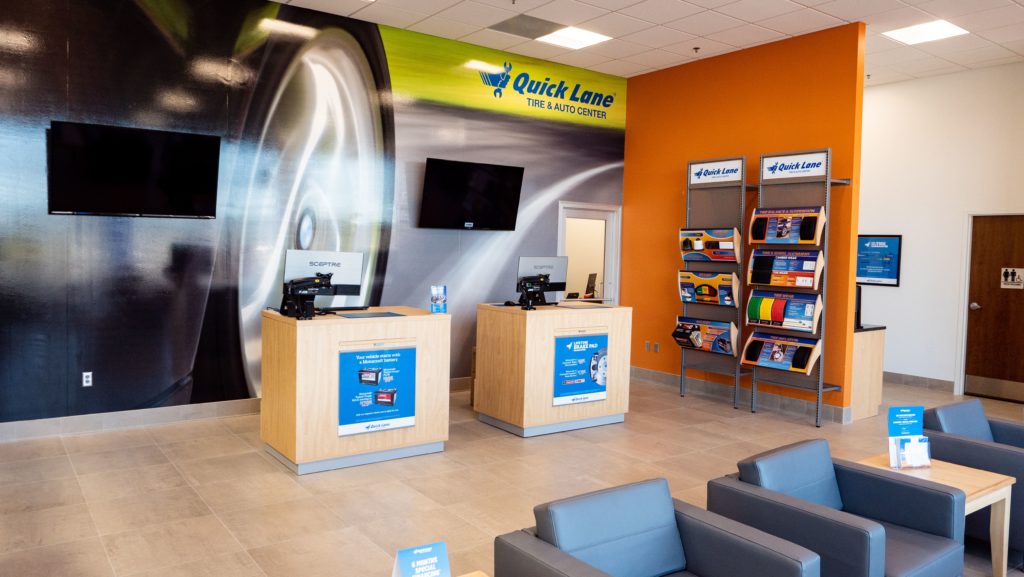 Front desk and waiting area of quick lane tire & auto center